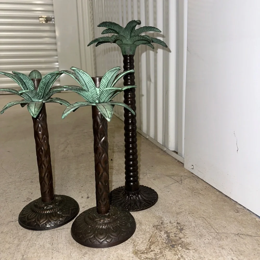 VTG Palm‎ Tree Candle Holders Set Brass 3 Bronze Metal Tropical Regency Decor